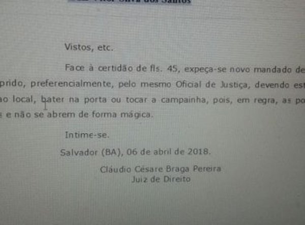 Juiz baiano manda oficial bater na porta ao citar réu: ‘não se abrem de forma mágica’