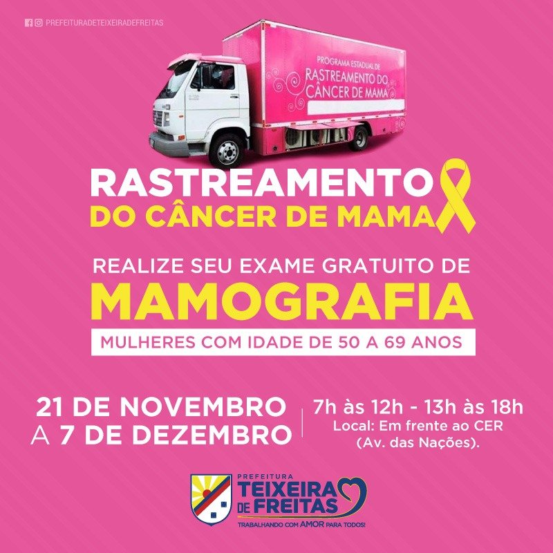 Teixeira de Freitas recebe Carreta de rastreamento do câncer de mama no próximo dia 21