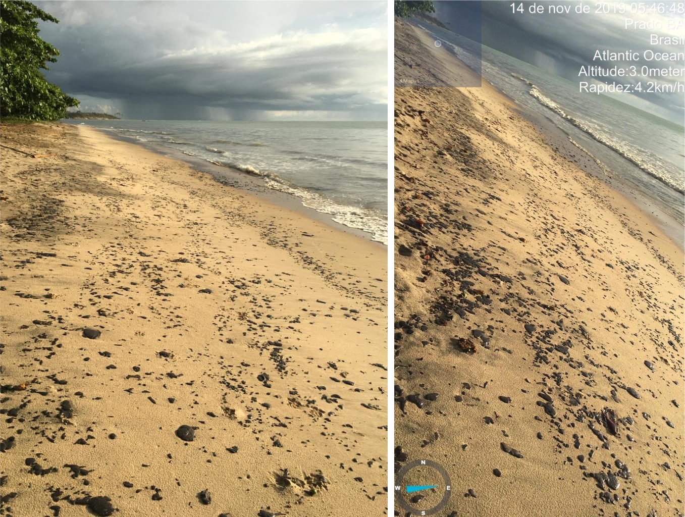 Praia de Cumuruxatiba amanhece com manchas de óleo na areia