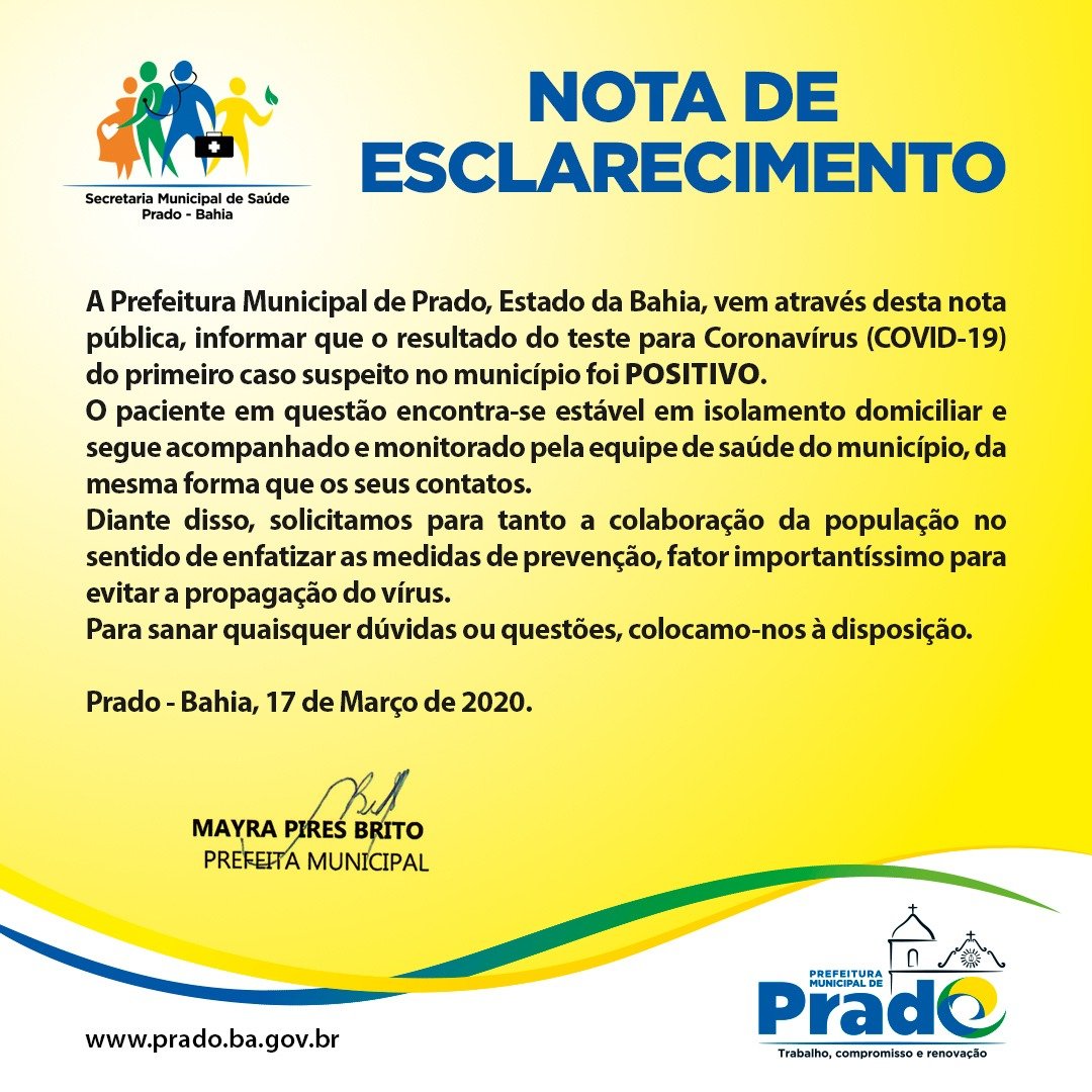 Prado:  Caso de Covid 19 é confirmado no município