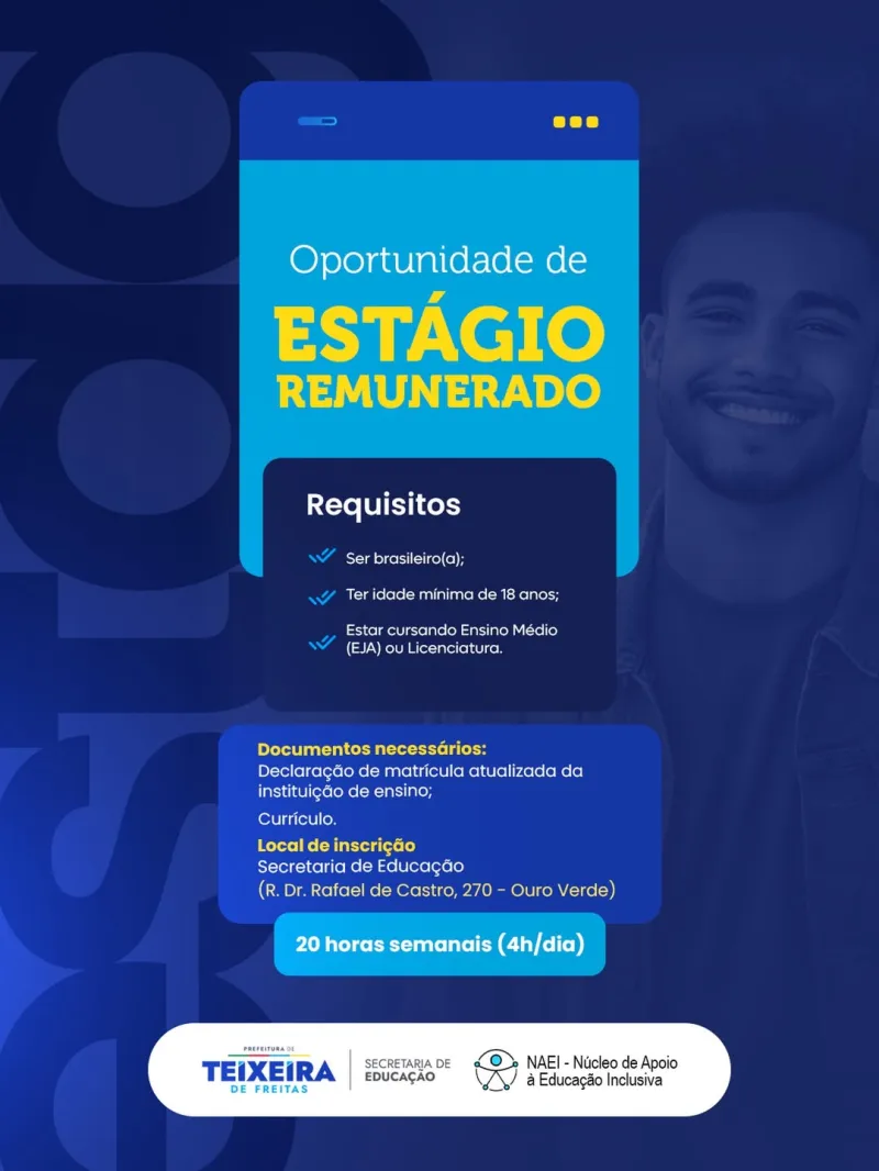 Prefeitura de Teixeira de Freitas abre vagas para estágio remunerado em Inclusão Escolar