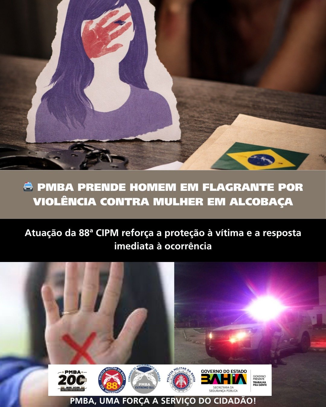 Alcobaça: PMBA prende homem em flagrante por violência contra mulher