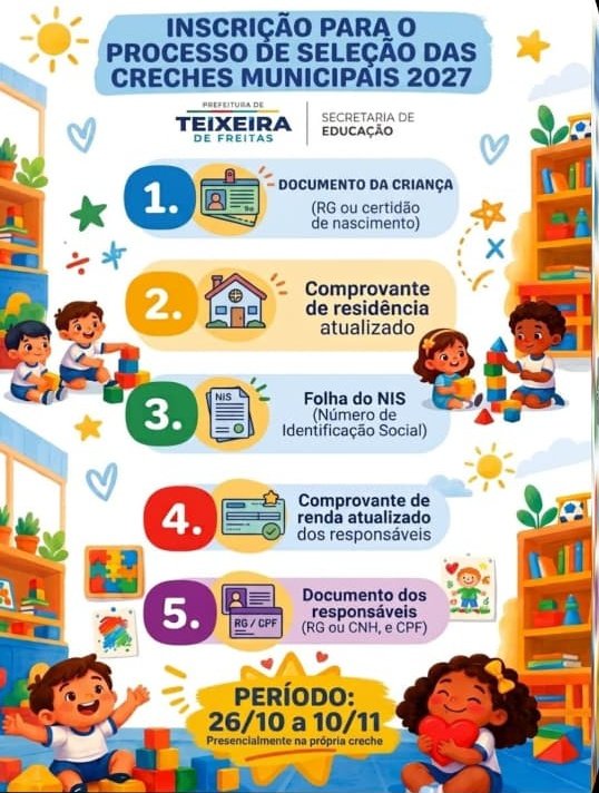 Prefeitura de Teixeira de Freitas anuncia inscrições para creches municipais em 2027; confira prazos e documentos necessários